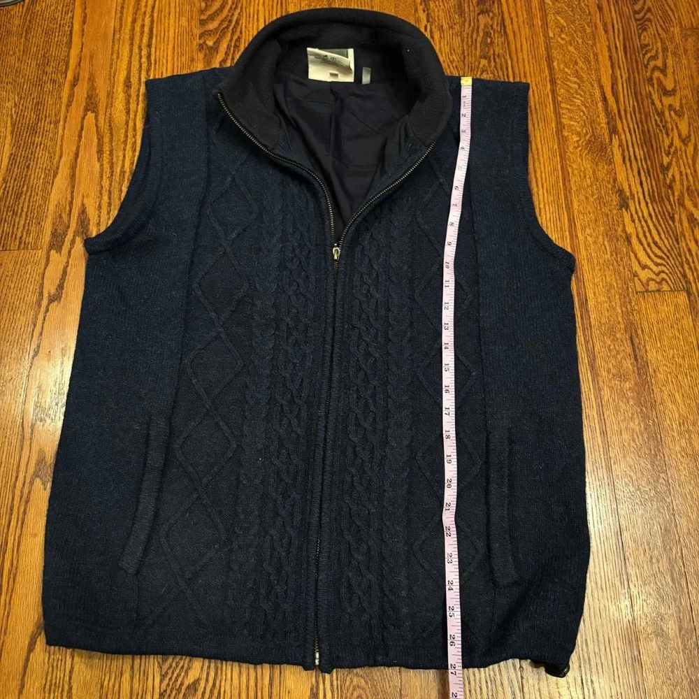 Aran Woollen Mills Mens Navy Blue Pure New Wool Cable Knit Full Zip Vest Lined